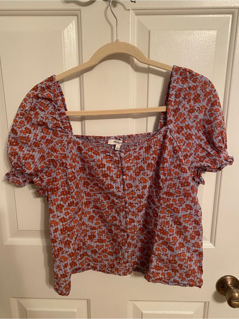 Madewell Lilac Square-Neck Puff-Sleeve Top with Rust Floral Print